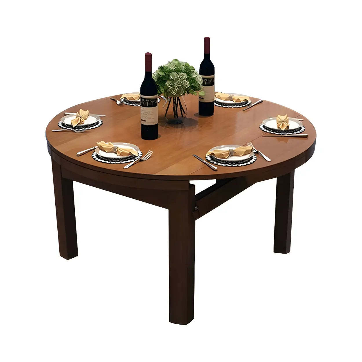 Traditional Round Brown Rubberwood Extendable Dining Table — White / Table Only
