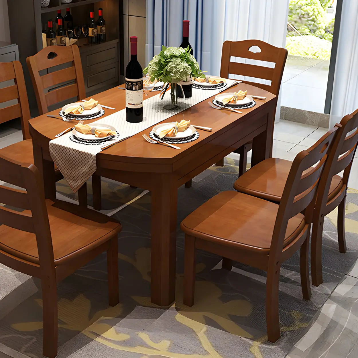 Traditional Round Brown Rubberwood Extendable Dining Table