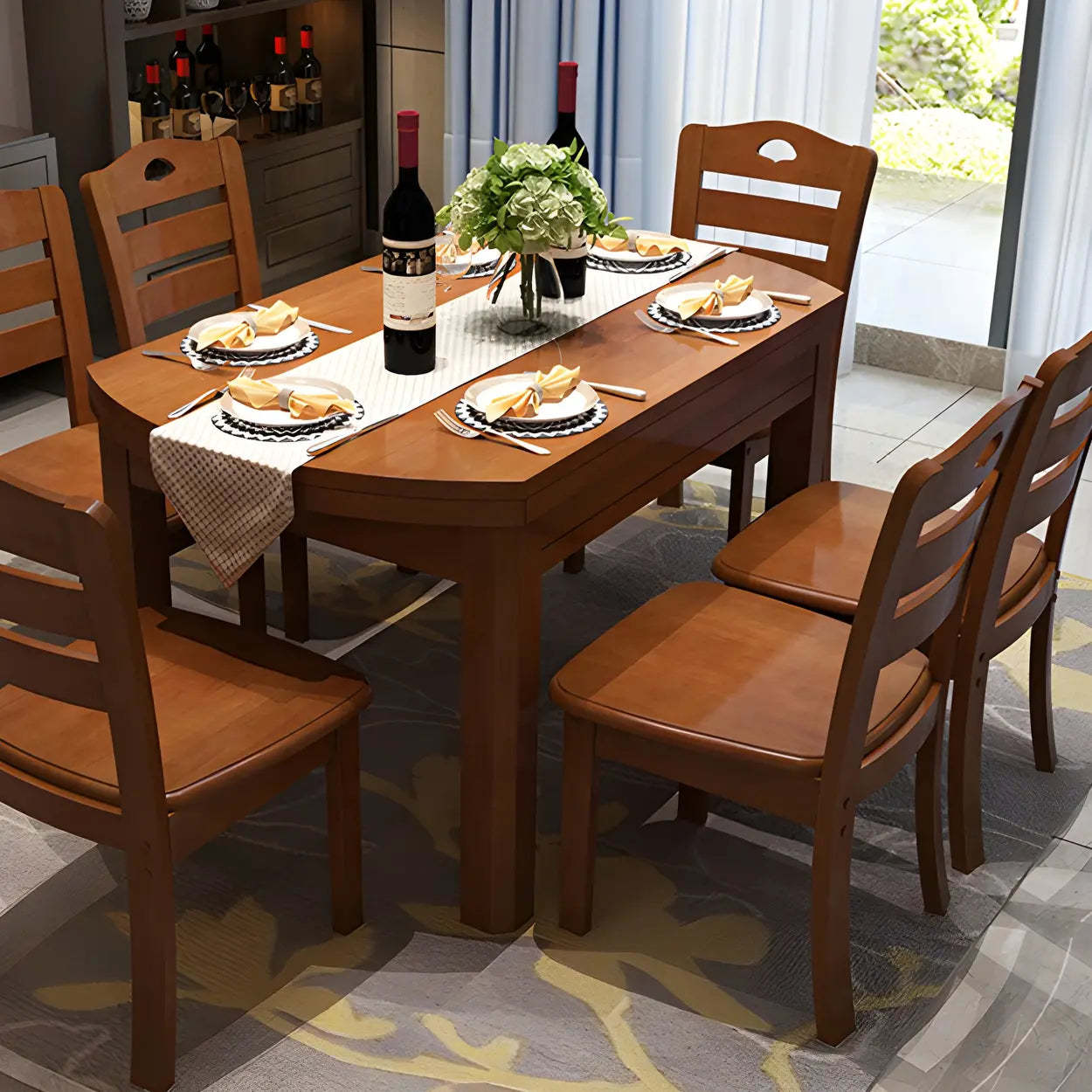 Traditional Round Brown Rubberwood Extendable Dining Table