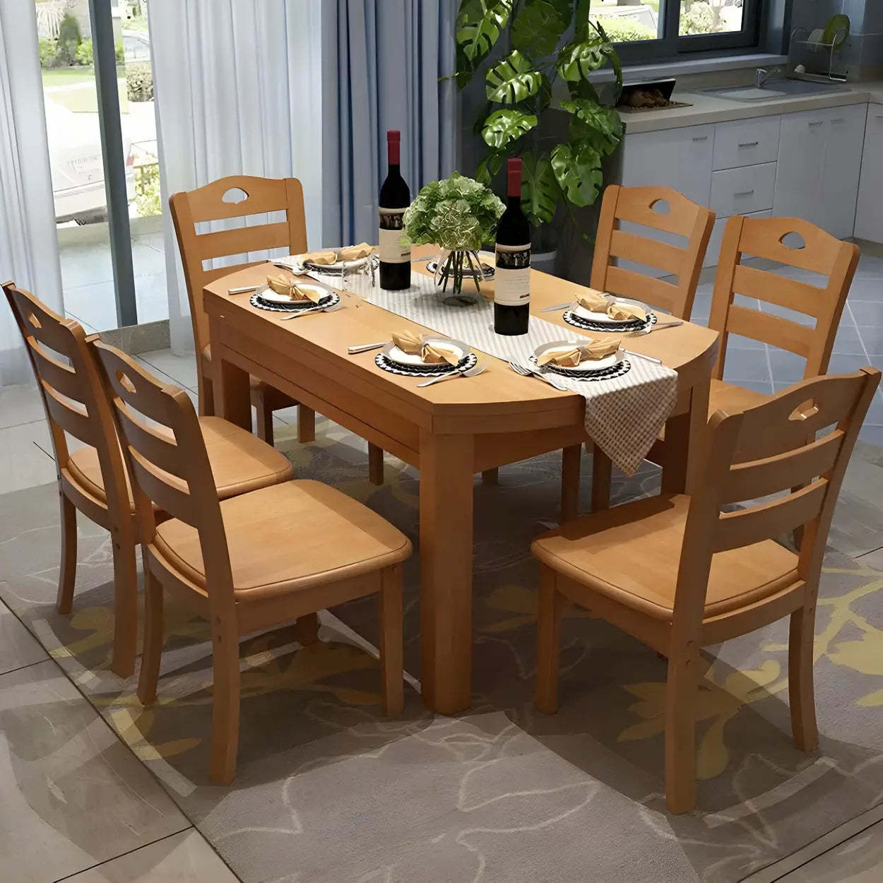 Traditional Round Brown Rubberwood Extendable Dining Table — Brown / Table Only