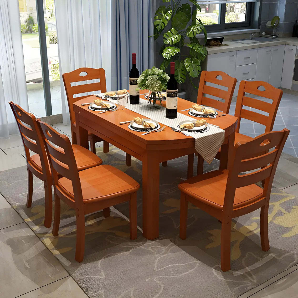 Traditional Round Brown Rubberwood Extendable Dining Table — Brown / Table Only