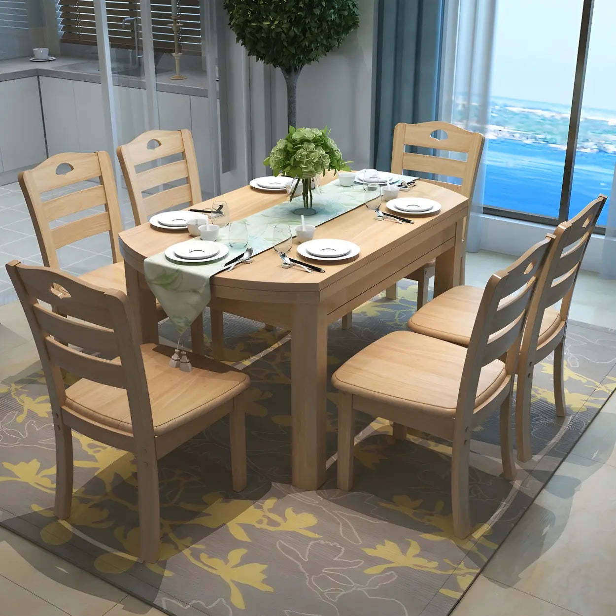Traditional Round Brown Rubberwood Extendable Dining Table — Natural Finish / Table Only
