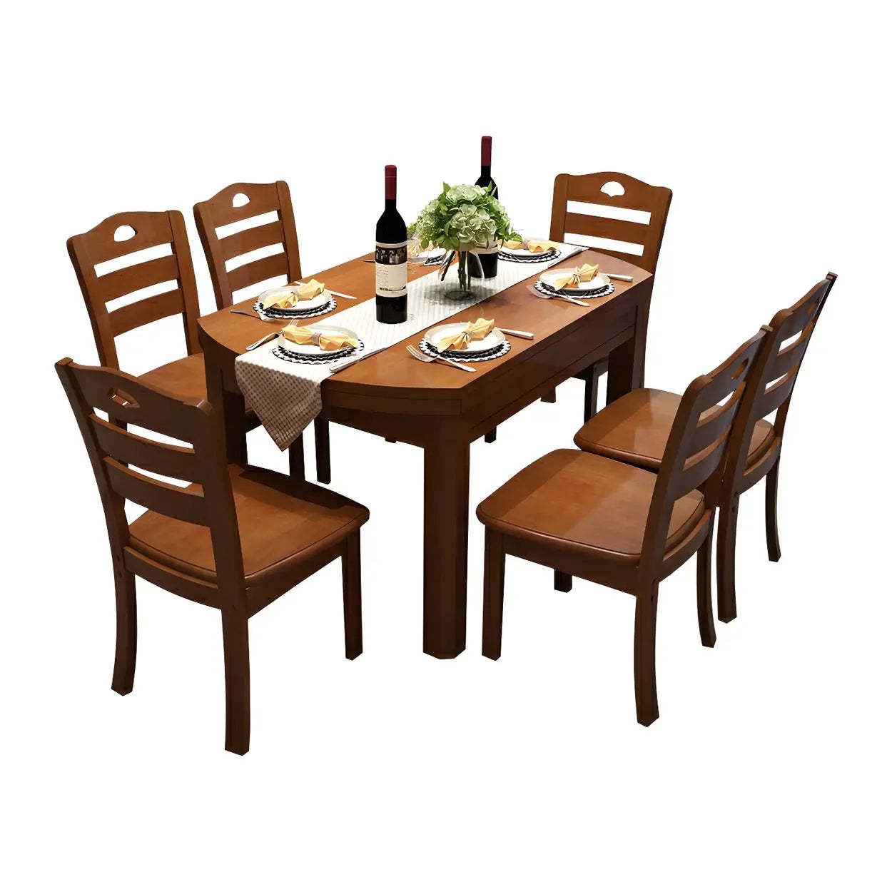 Traditional Round Brown Rubberwood Extendable Dining Table — Natural Finish / Table Only