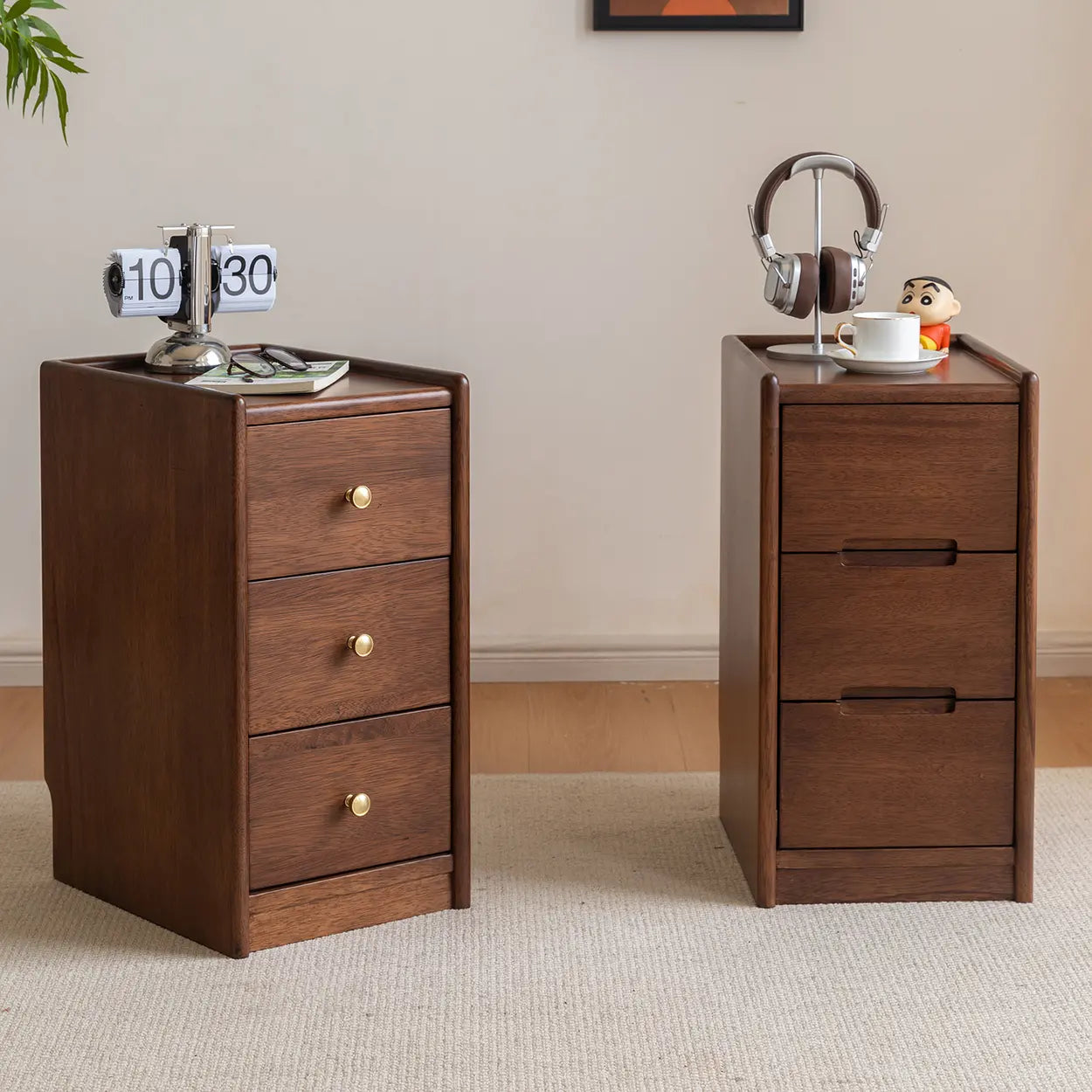 Traditional Walnut Slim Wood Nightstand — Grooves