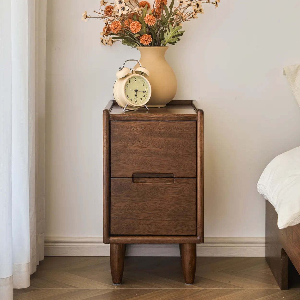 Traditional Walnut Slim Wood Nightstand — Drawer Pulls