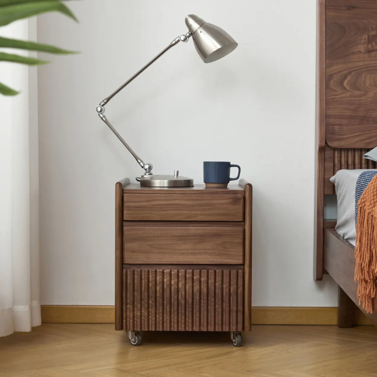 Traditional Walnut Wood Nightstand with Casters — Brown