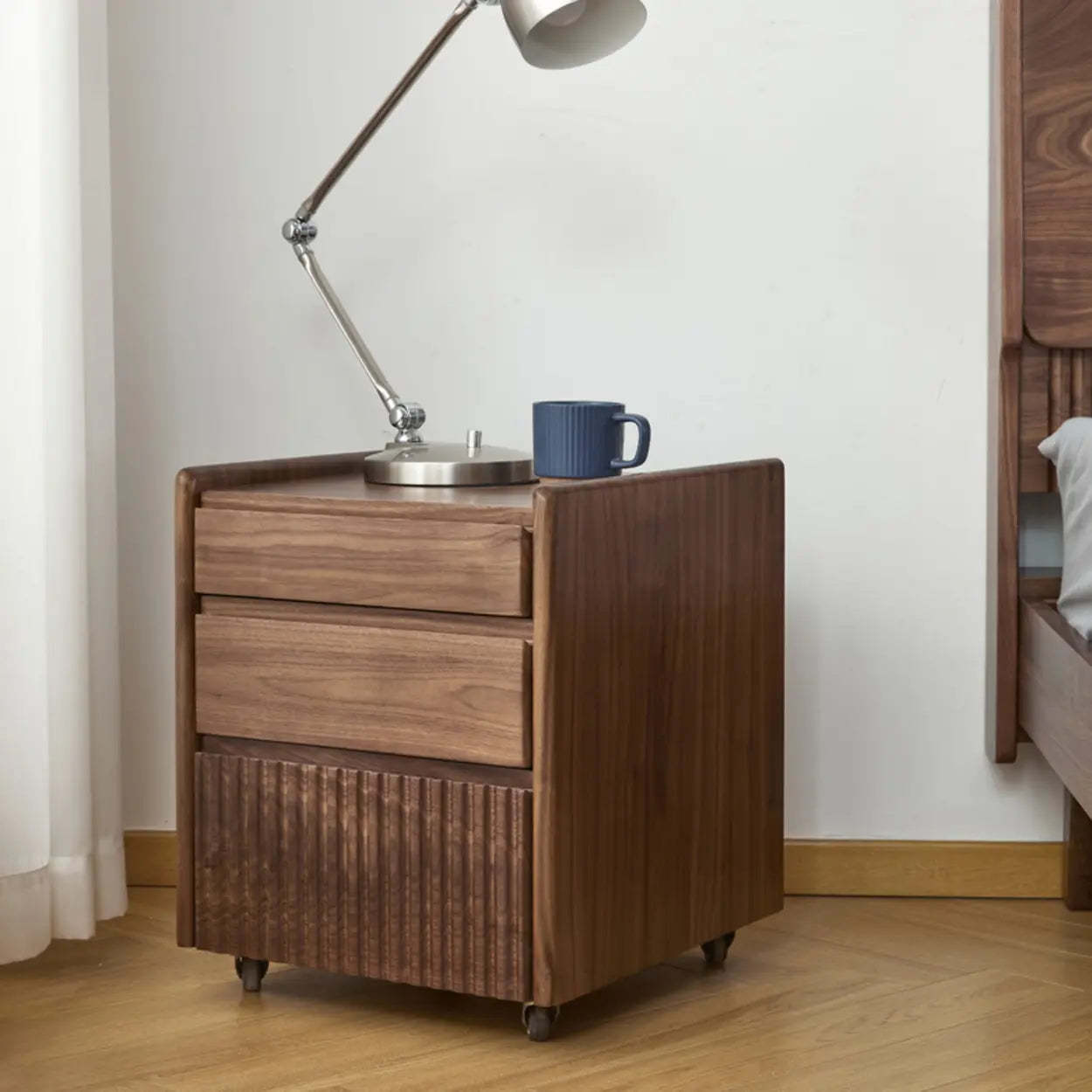 Traditional Walnut Wood Nightstand with Casters