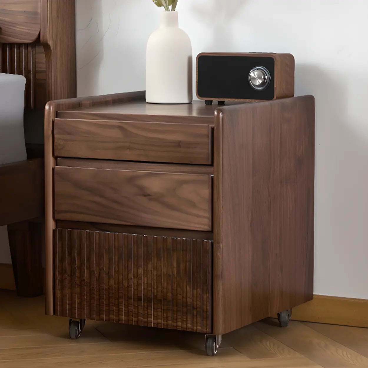 Traditional Walnut Wood Nightstand with Casters
