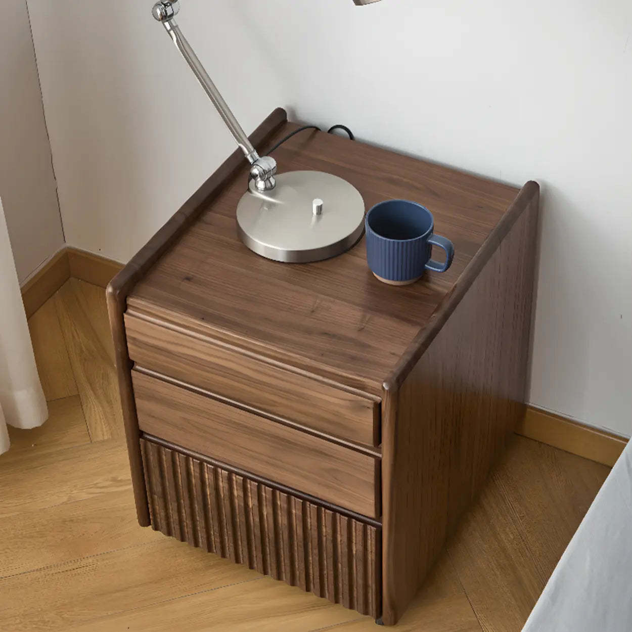 Traditional Walnut Wood Nightstand with Casters
