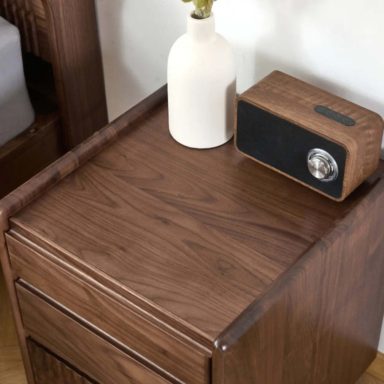 Traditional Walnut Wood Nightstand with Casters
