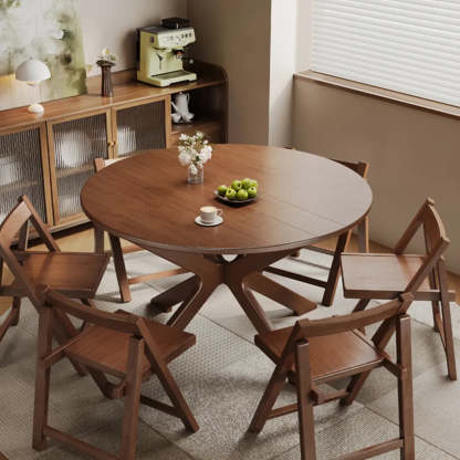 Traditional Wood Round Drop Leaf Foldable Dining Table — Black / Table Only