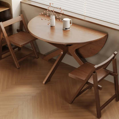 Traditional Wood Round Drop Leaf Foldable Dining Table — Black / Table Only