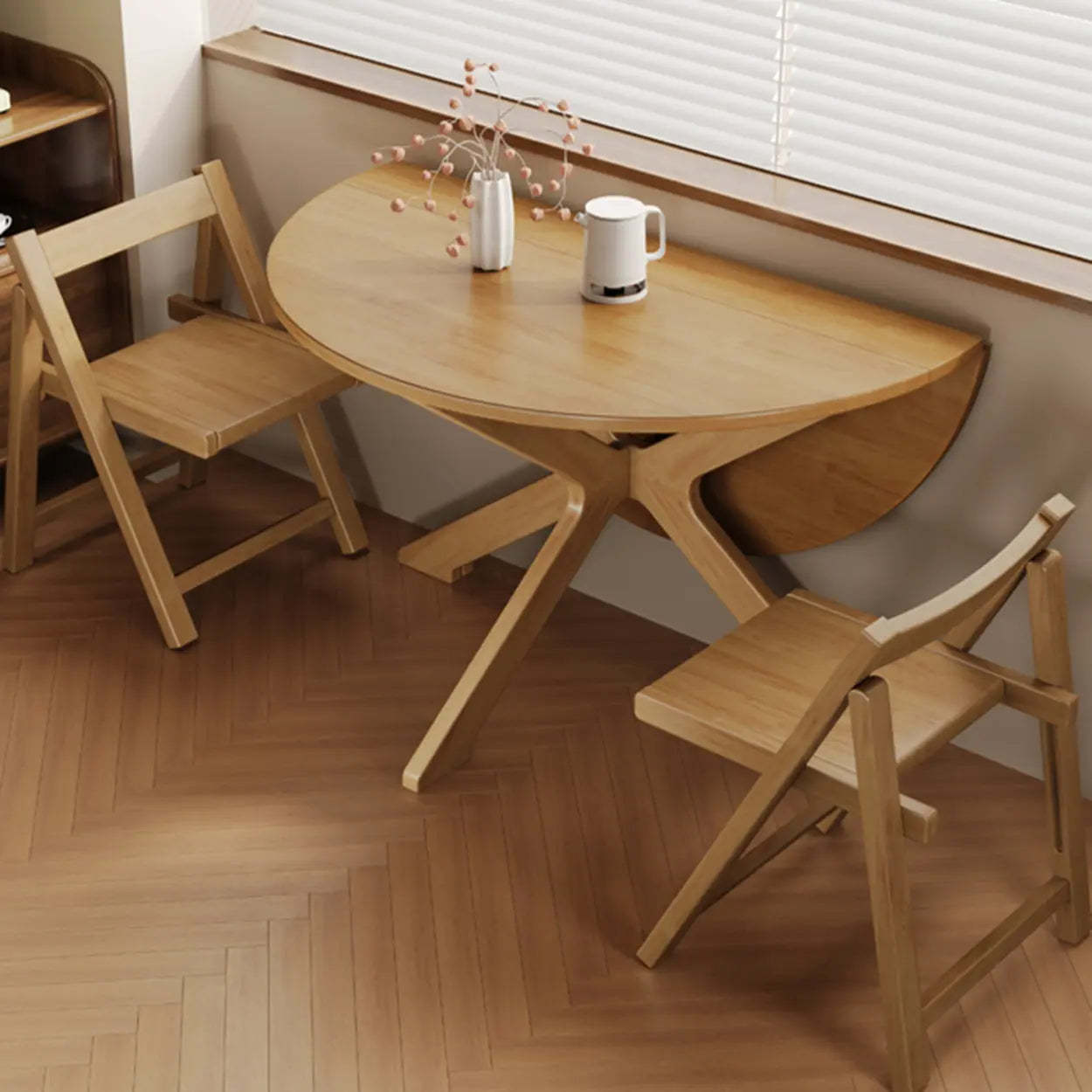 Traditional Wood Round Drop Leaf Foldable Dining Table — Natural Finish / Table Only