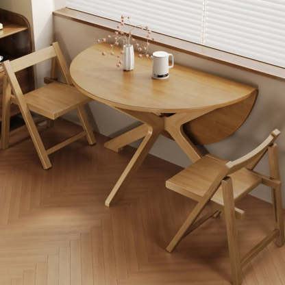 Traditional Wood Round Drop Leaf Foldable Dining Table — Natural Finish / Table Only