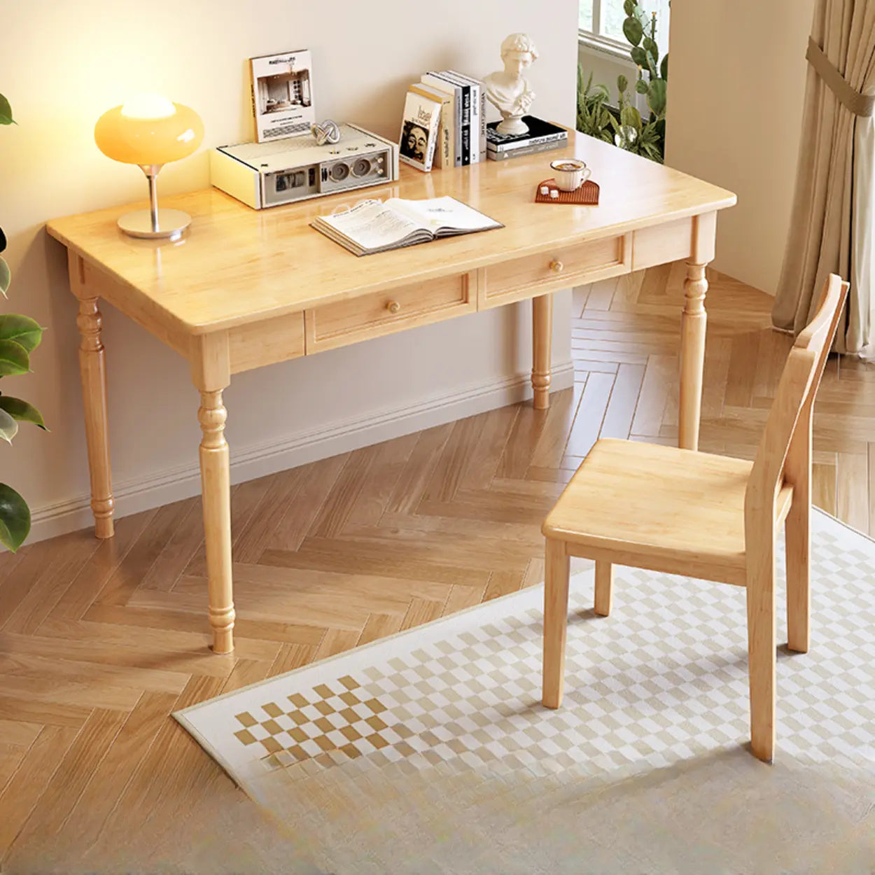 Traditional Wood Rectangular Writing Desk with Drawers — Black / Table Only