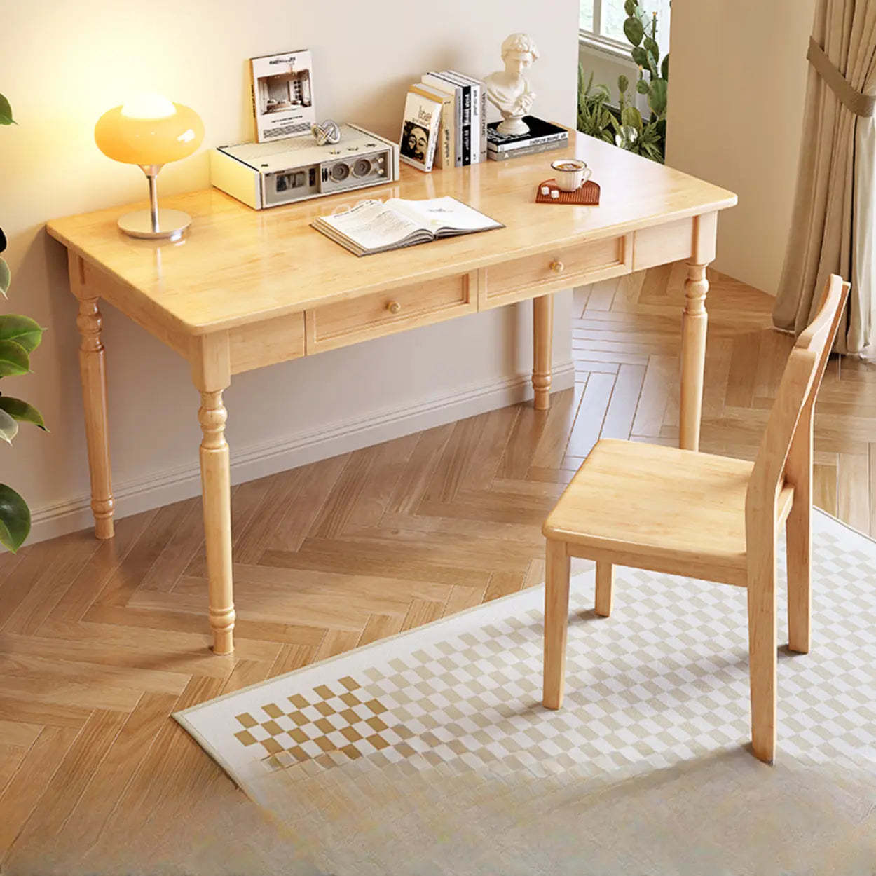 Traditional Wood Rectangular Writing Desk with Drawers — Black / Table Only