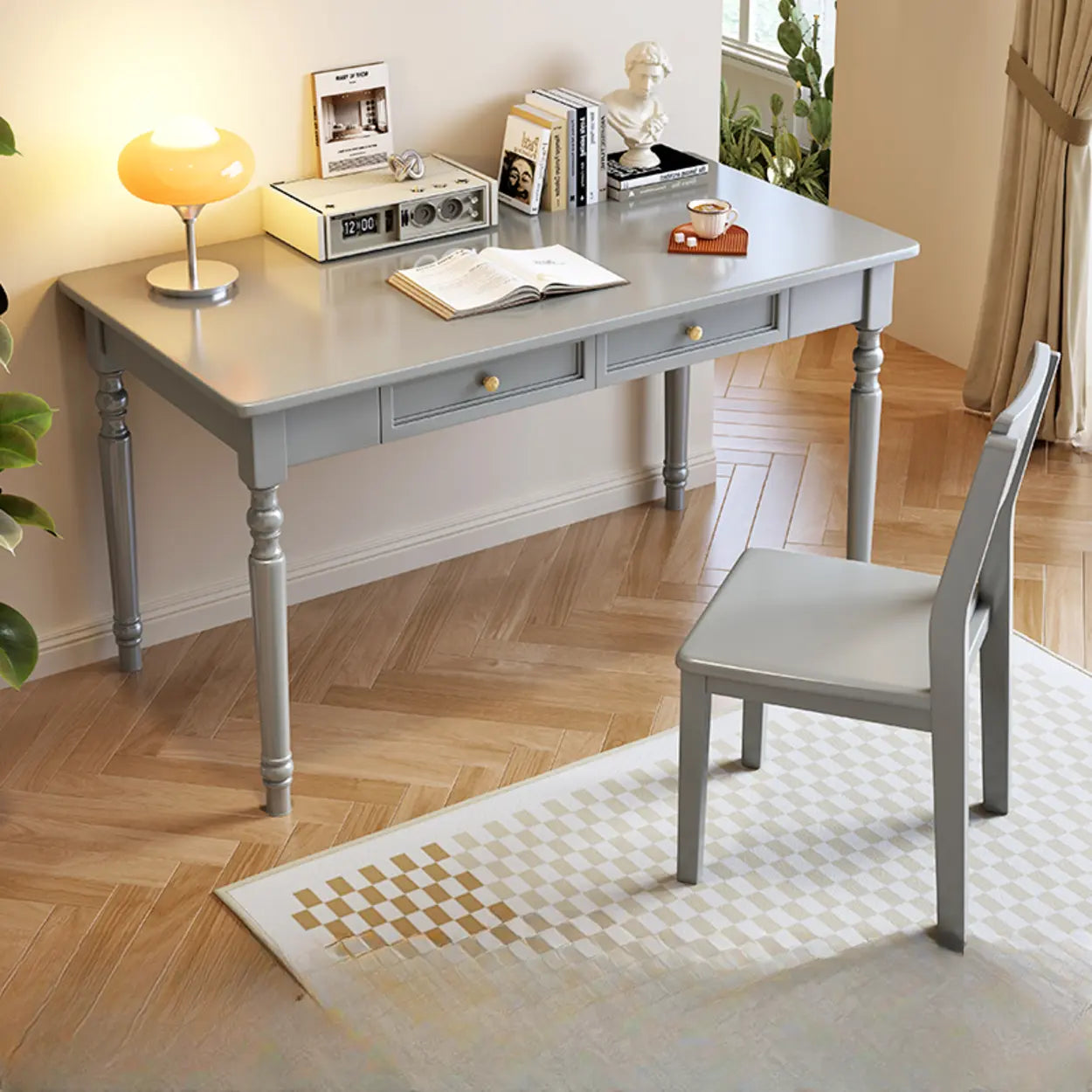 Traditional Wood Rectangular Writing Desk with Drawers — Natural Finish / Table Only