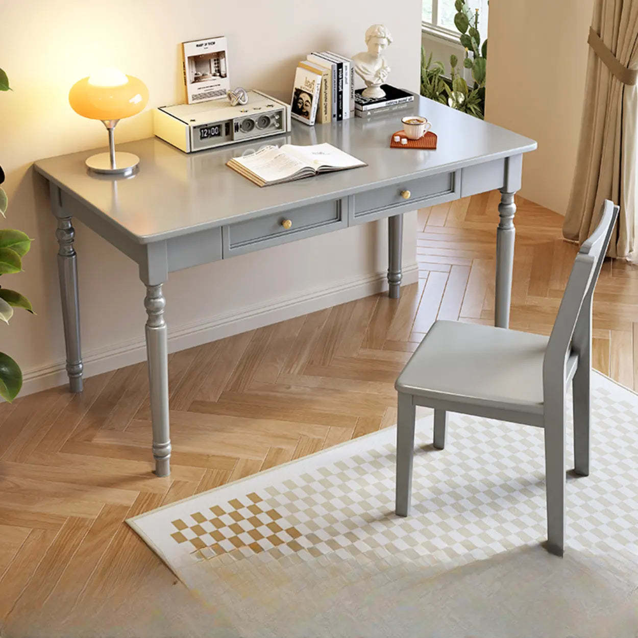Traditional Wood Rectangular Writing Desk with Drawers — Natural Finish / Table Only