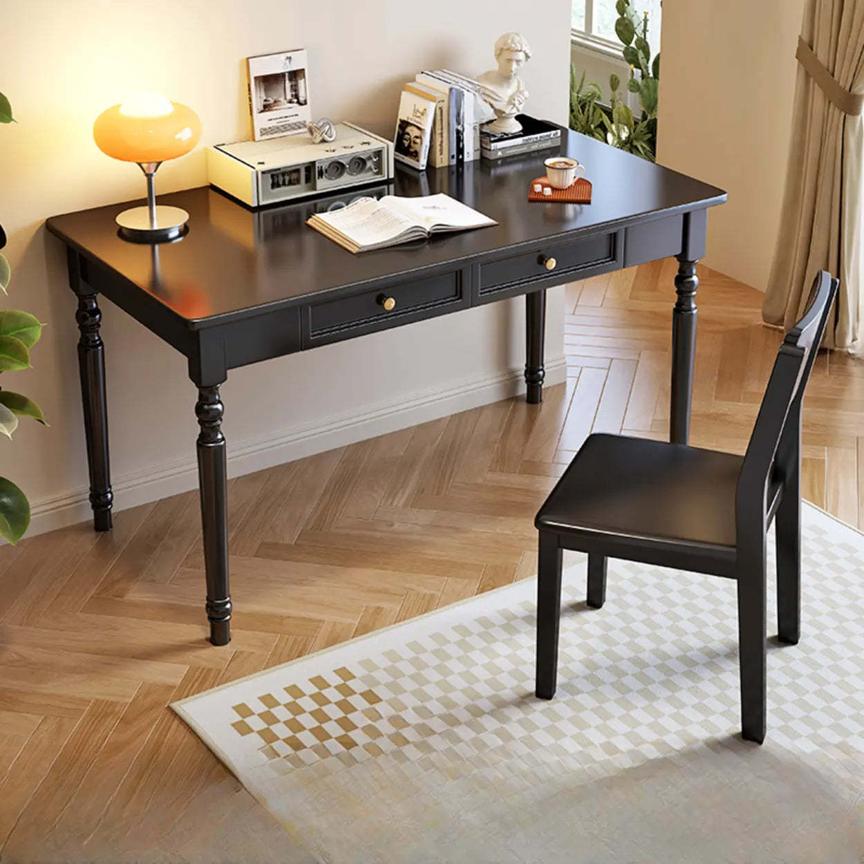 Traditional Wood Rectangular Writing Desk with Drawers — Natural Finish / Table Only