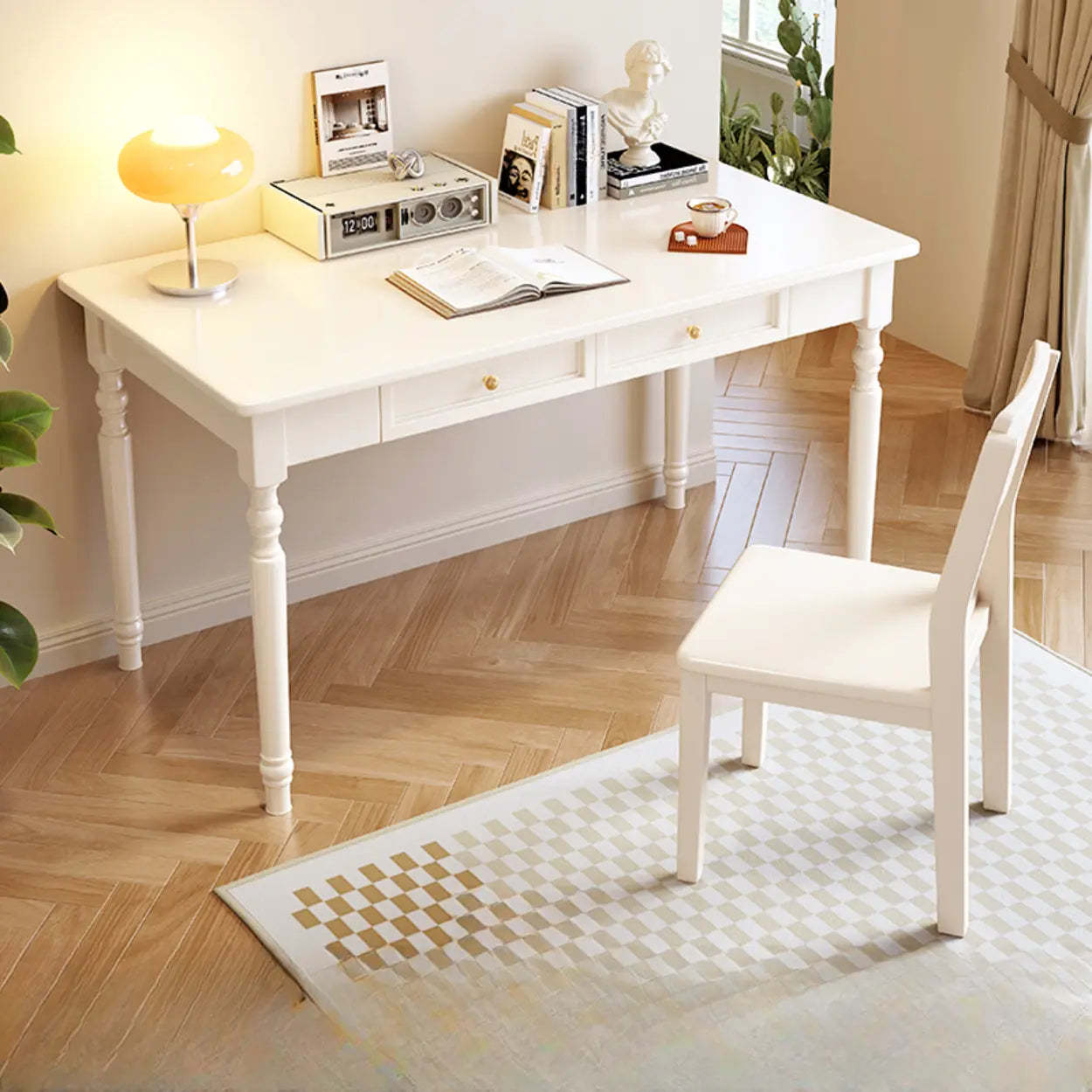 Traditional Wood Rectangular Writing Desk with Drawers — Natural Finish / Table Only