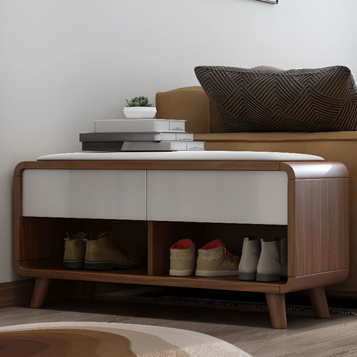 Modern shoe storage shoe storage in wood — 39.4"L x 13.8"W x 18.1"H / Walnut & White