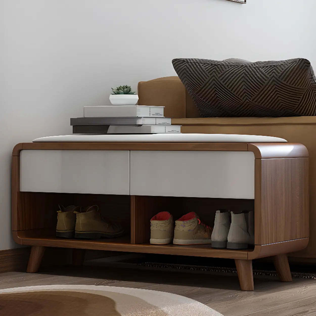 Modern shoe storage shoe storage in wood — 39.4"L x 13.8"W x 18.1"H / Walnut & White