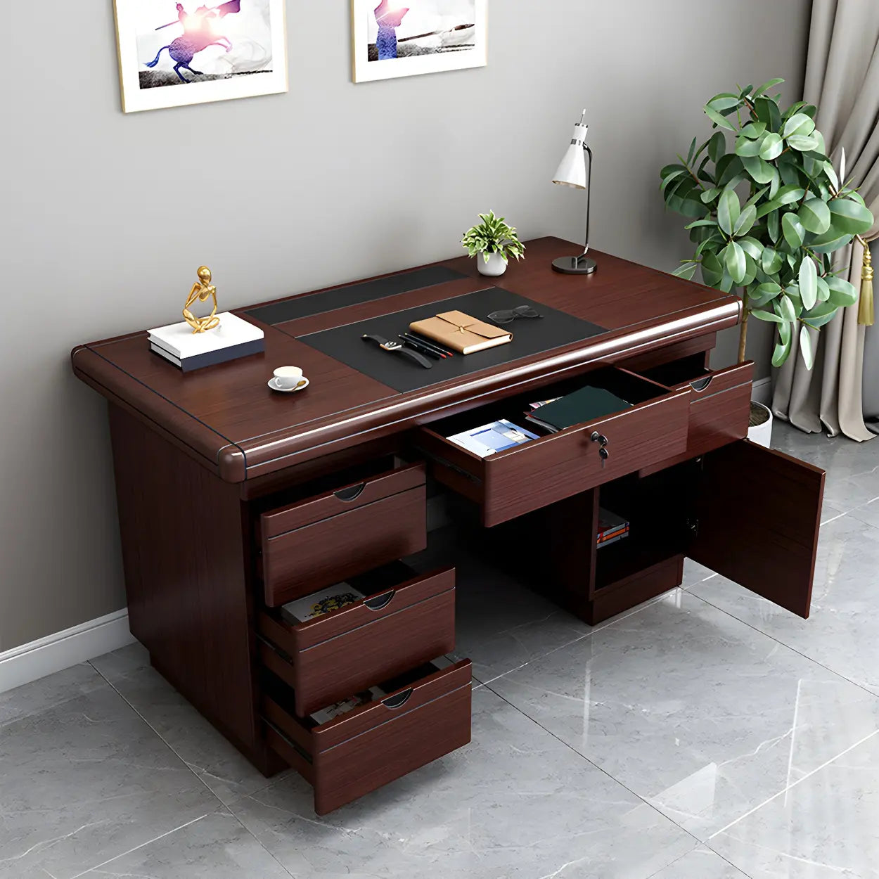 Traditional Wooden Sled Writing Desk with Cabinet