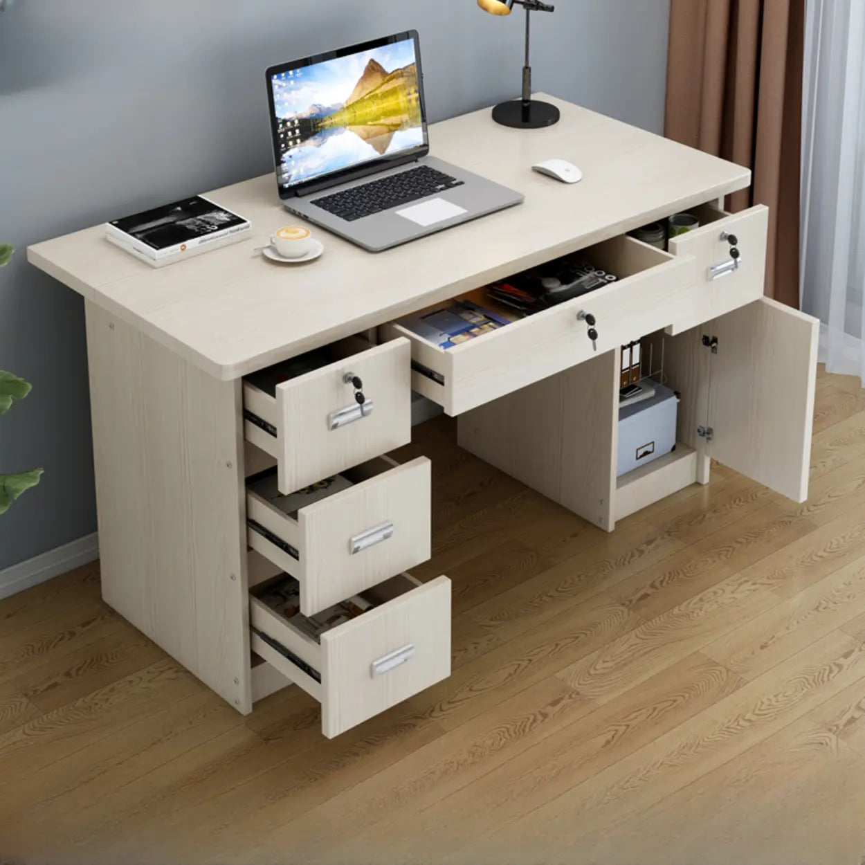 Transitional Ergonomic Wood Computer Desk with Drawers — Without Chairs / 1