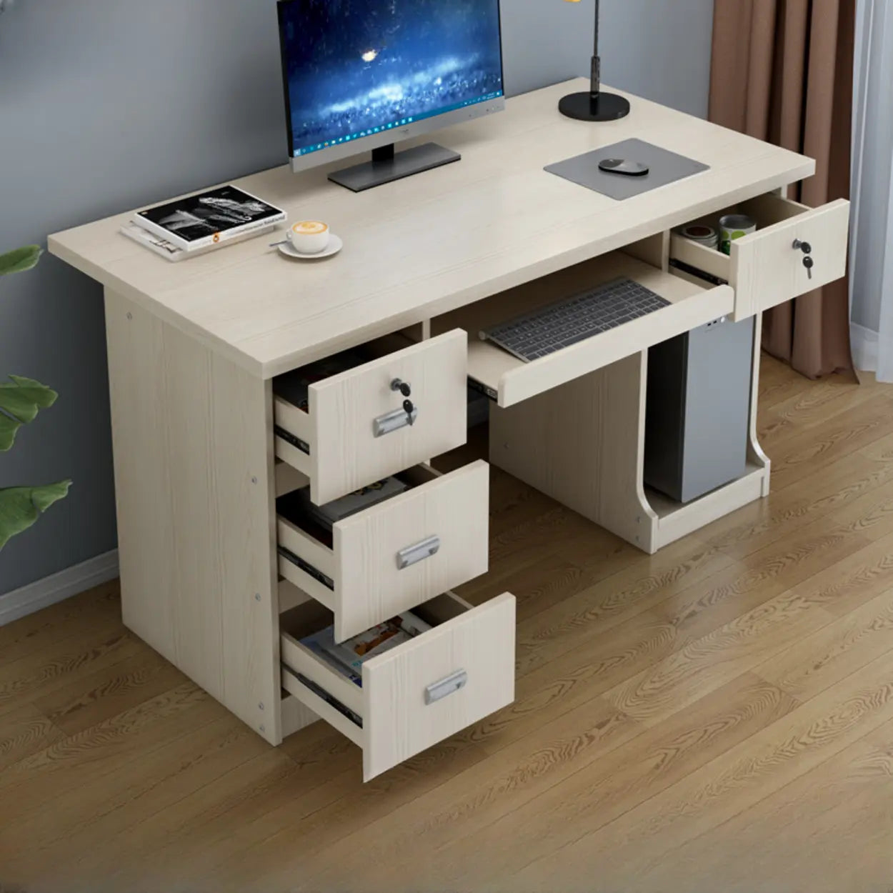Transitional Ergonomic Wood Computer Desk with Drawers — Without Chairs / Cabinet Not Included