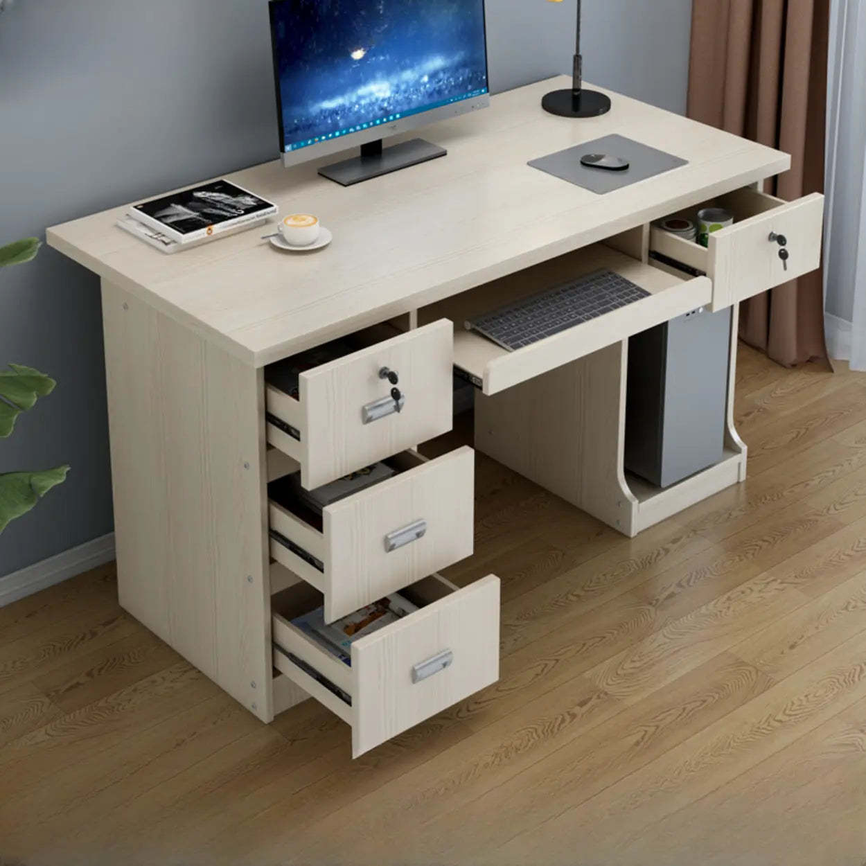 Transitional Ergonomic Wood Computer Desk with Drawers — Without Chairs / Cabinet Not Included
