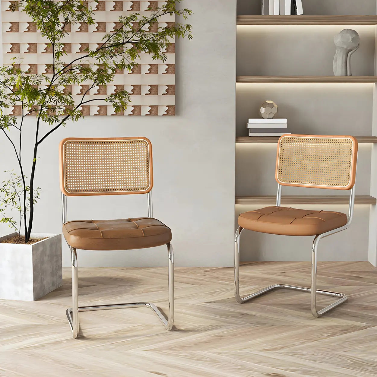 Transitional Faux Leather Cane-Back Dining Chair — 1 Piece / Brown