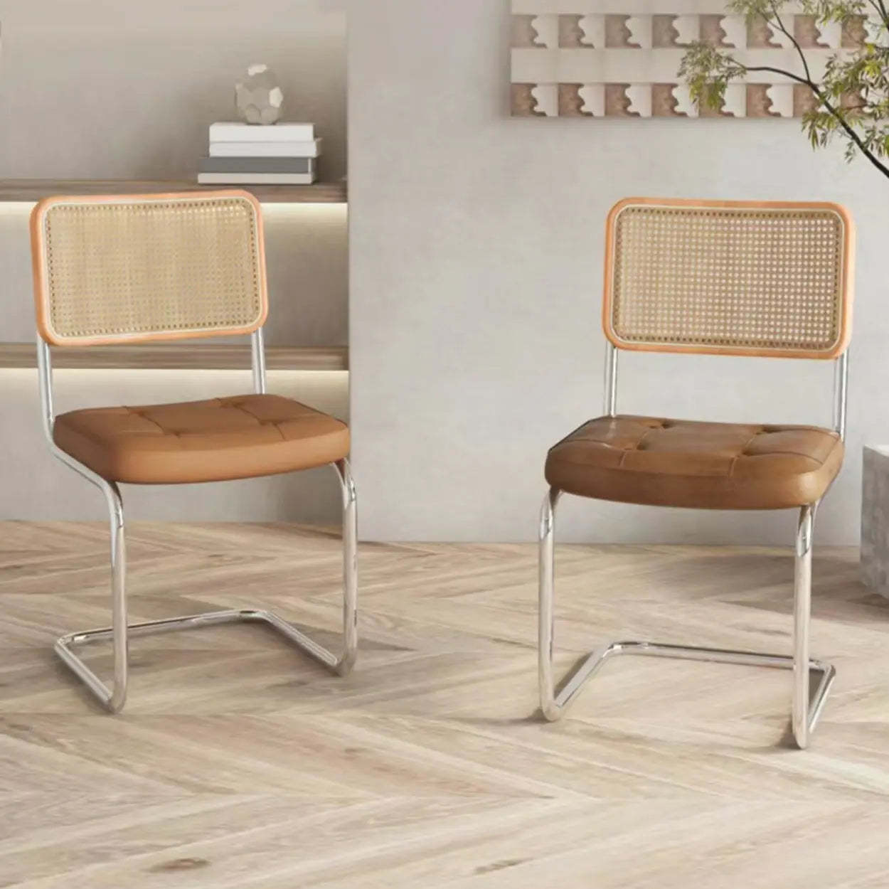Transitional Faux Leather Cane-Back Dining Chair