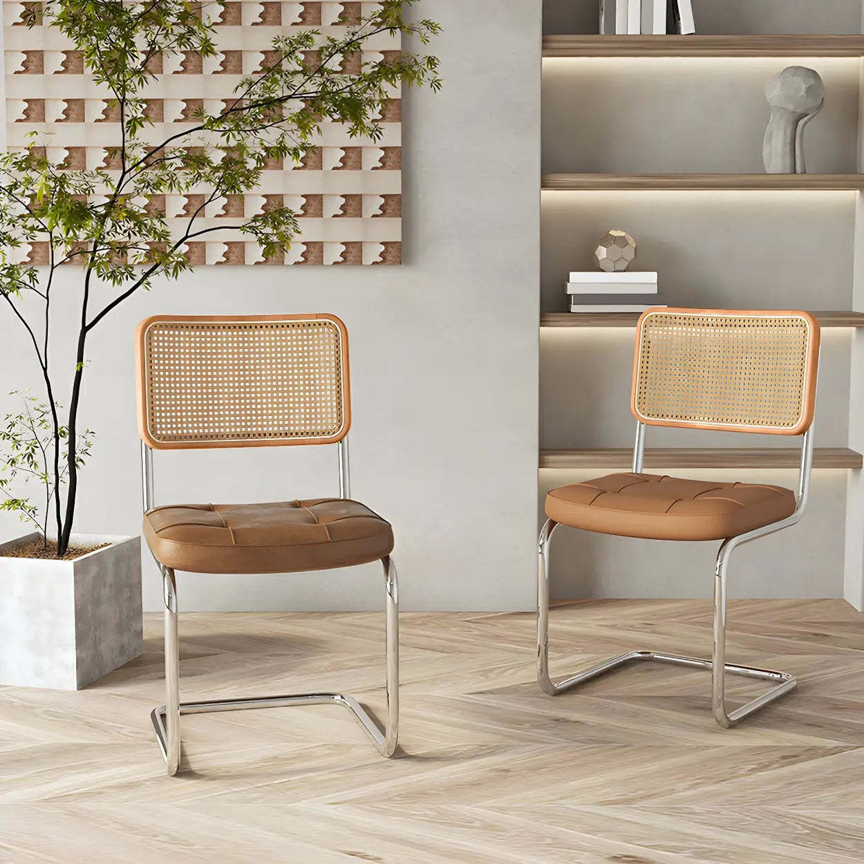 Transitional Faux Leather Cane-Back Dining Chair — 1 Piece / Brown
