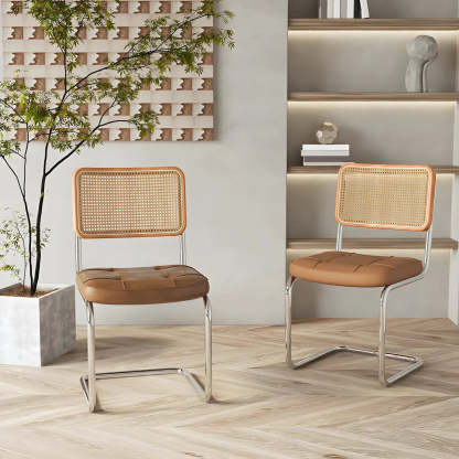 Transitional Faux Leather Cane-Back Dining Chair — 1 Piece / Brown