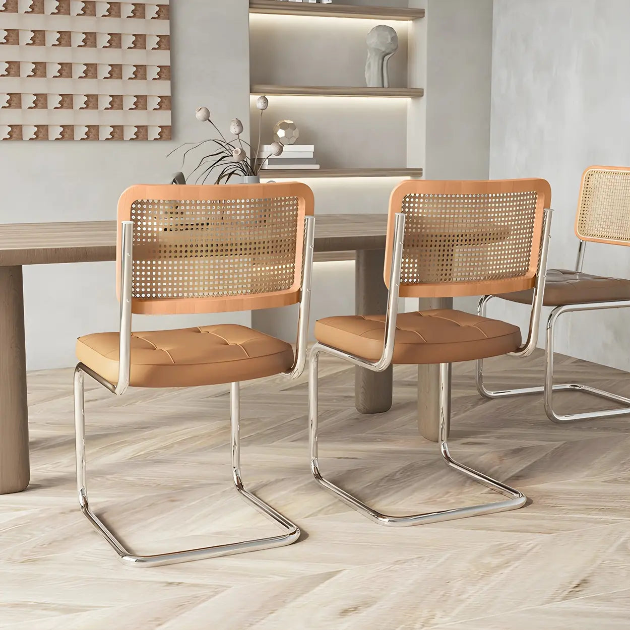 Transitional Faux Leather Cane-Back Dining Chair — 1 Piece / Coffee