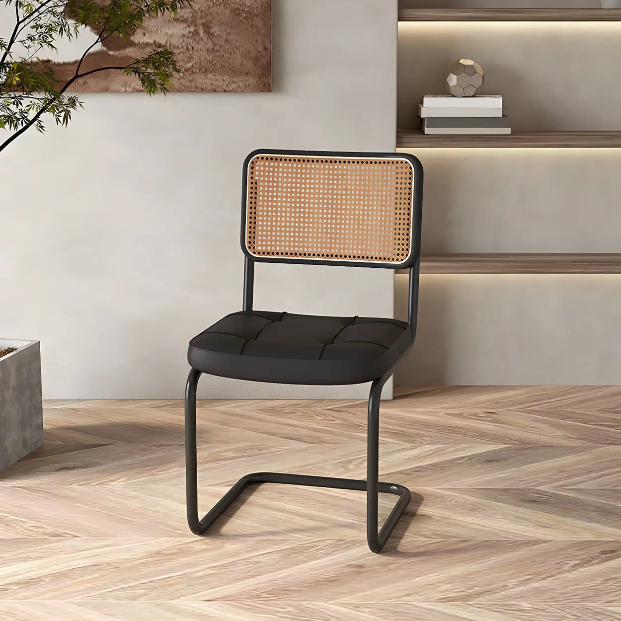 Transitional Faux Leather Cane-Back Dining Chair