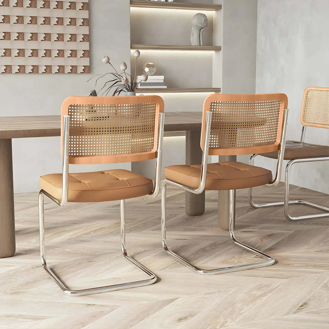 Transitional Faux Leather Cane-Back Dining Chair — 1 Piece / Coffee