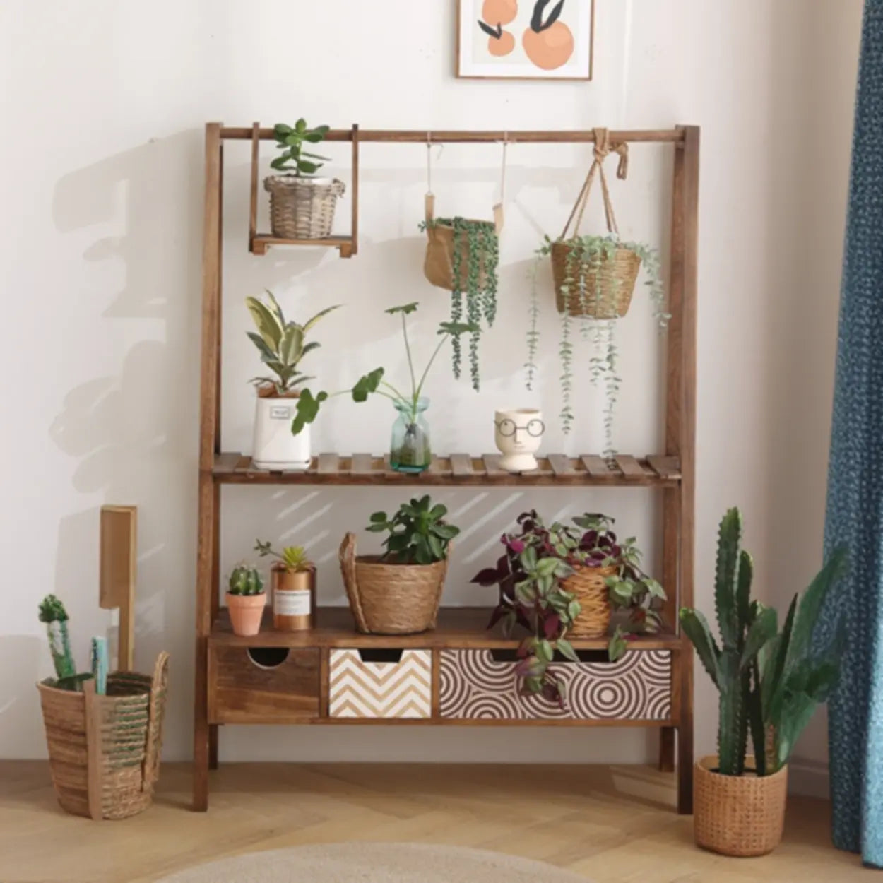 Trapezoid Wood 3-Tier Drawer Plant Stand — White