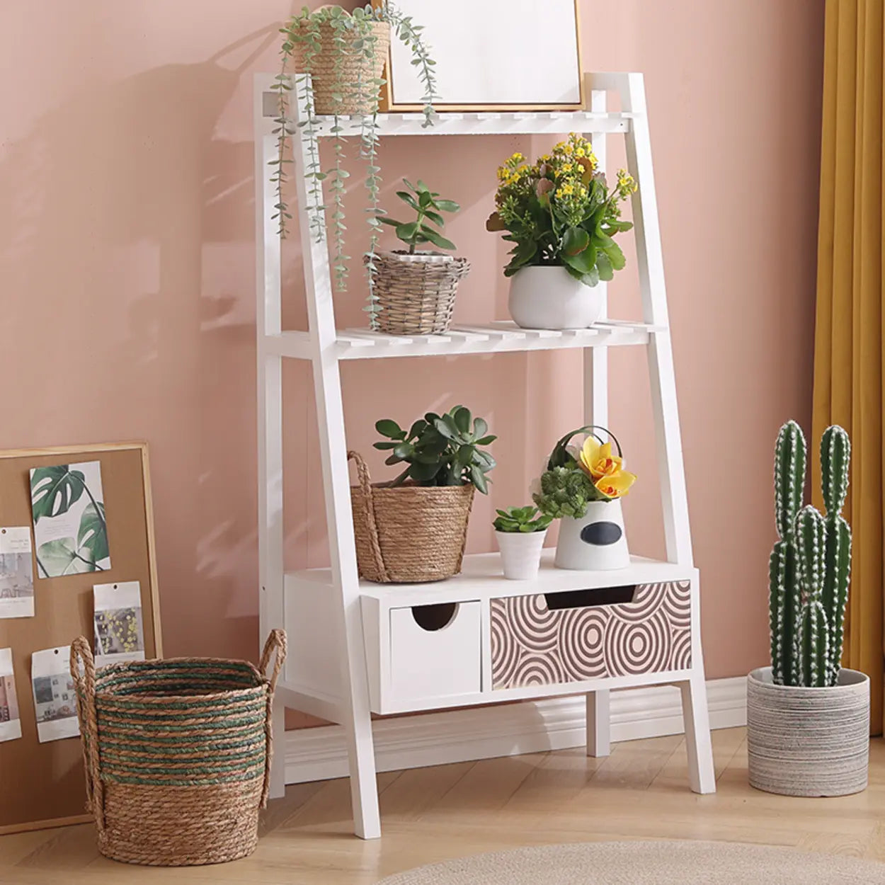 Trapezoid Wood 3-Tier Drawer Plant Stand — White
