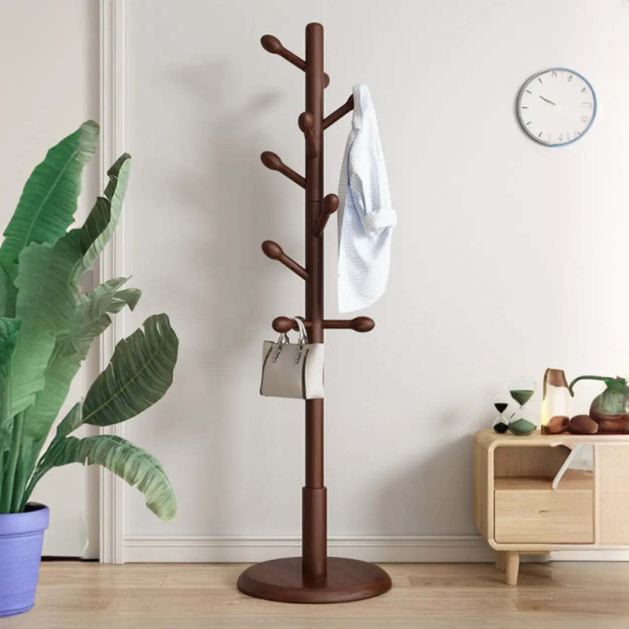 Tree Wood Hallway Brown Tall Coat Rack — White / Cylindrical Hook