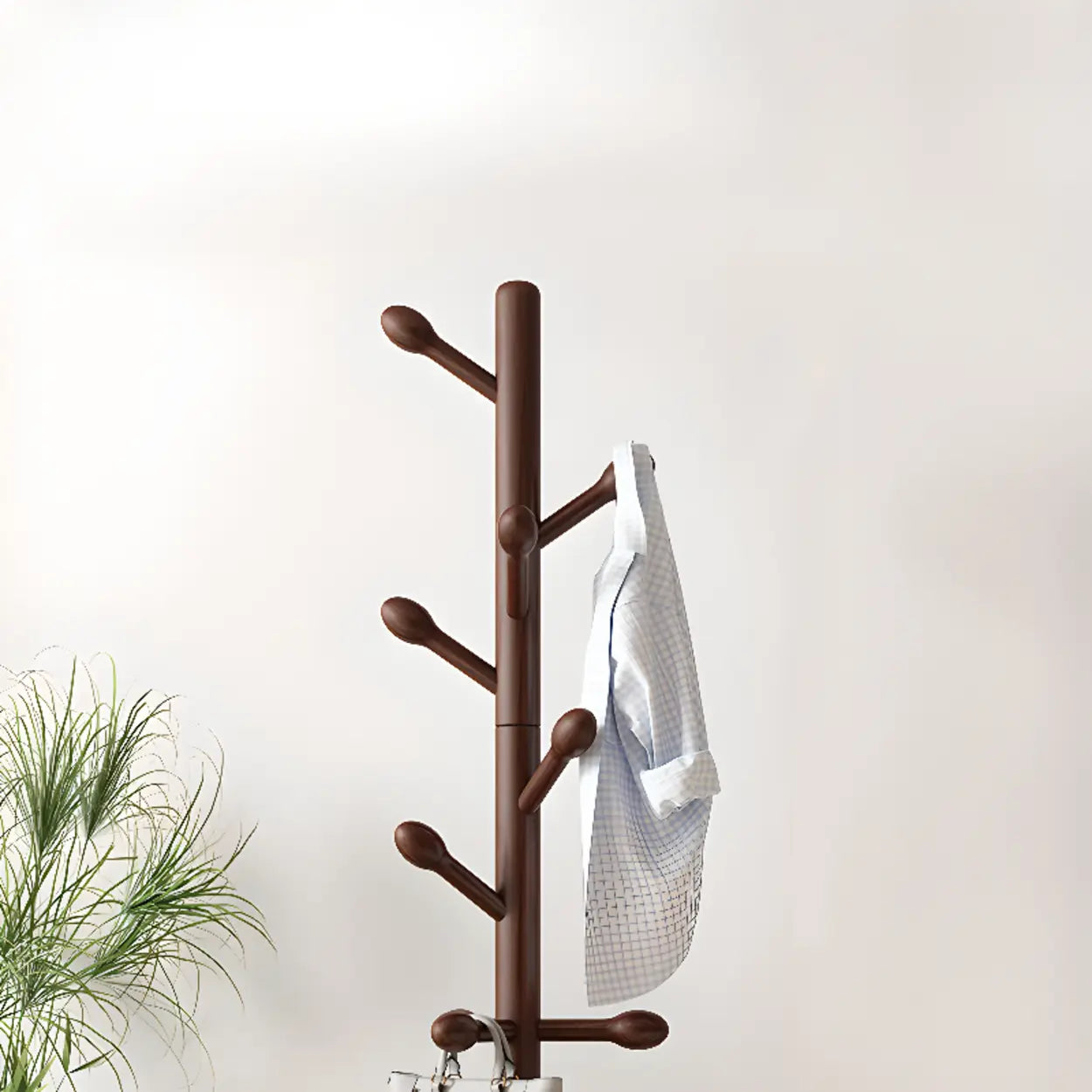 Tree Wood Hallway Brown Tall Coat Rack — White / Round Head Hook