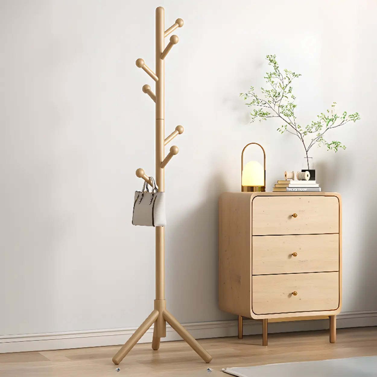 Tree Wood Hallway Brown Tall Coat Rack — Nut-Brown / Cylindrical Hook