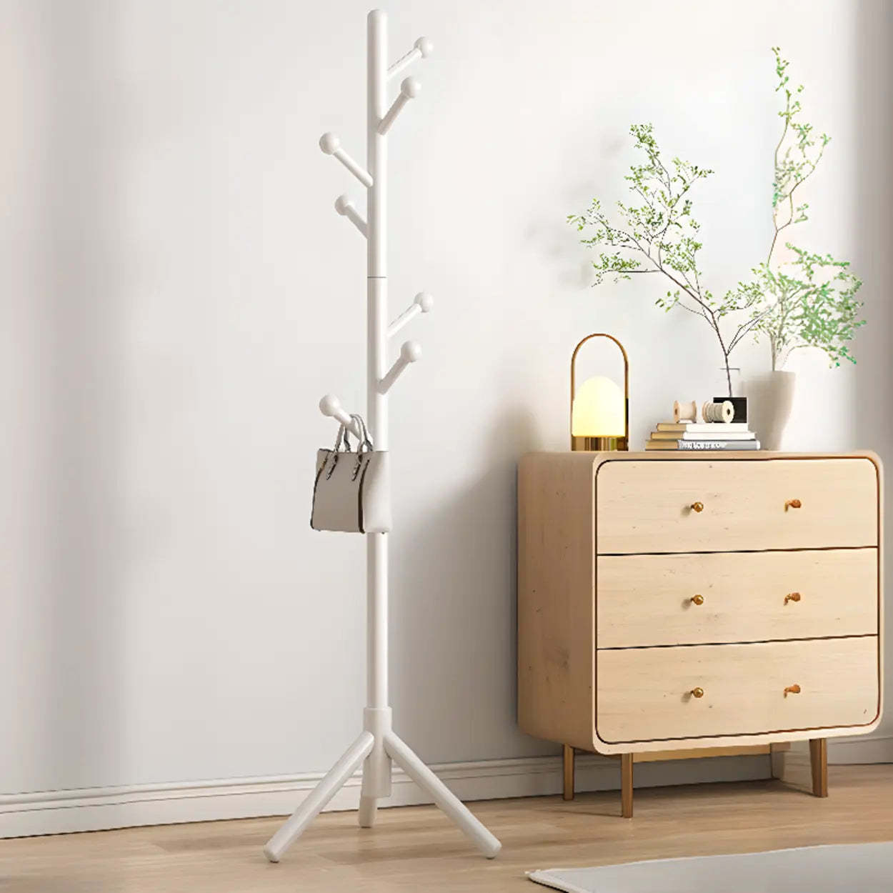Tree Wood Hallway Brown Tall Coat Rack — Natural / Round Head Hook