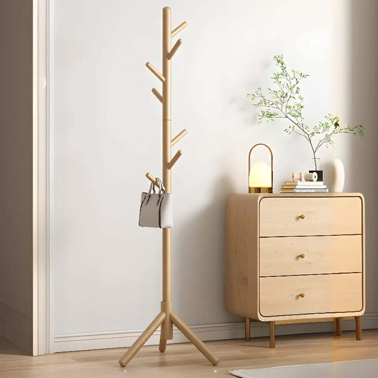 Tree Wood Hallway Brown Tall Coat Rack — White / Water Drop Hook