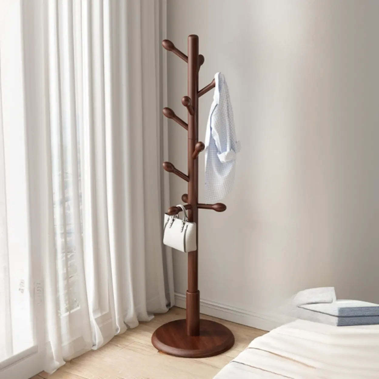 Tree Wood Hallway Brown Tall Coat Rack — White / Round Head Hook