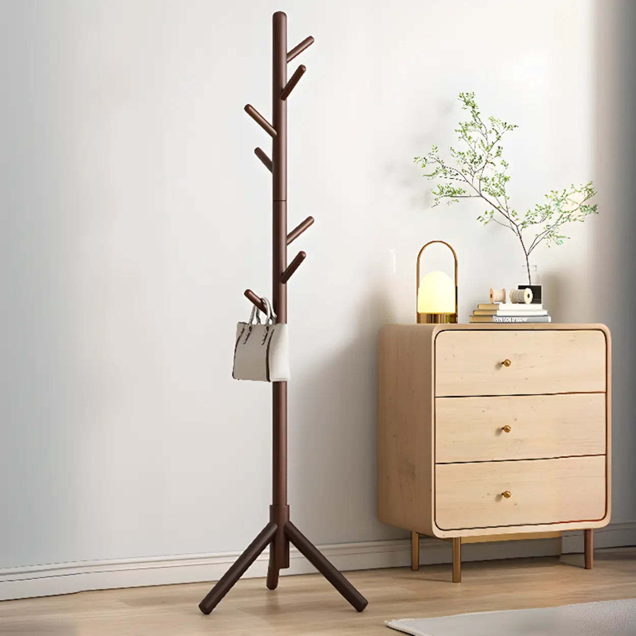 Tree Wood Hallway Brown Tall Coat Rack — Nut-Brown / Cylindrical Hook