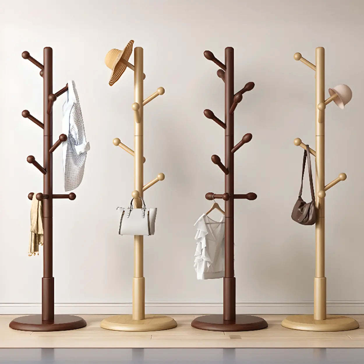 Tree Wood Hallway Brown Tall Coat Rack — Nut-Brown / Round Head Hook