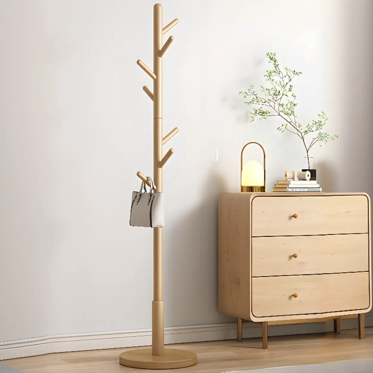 Tree Wood Hallway Brown Tall Coat Rack — Natural / Cylindrical Hook