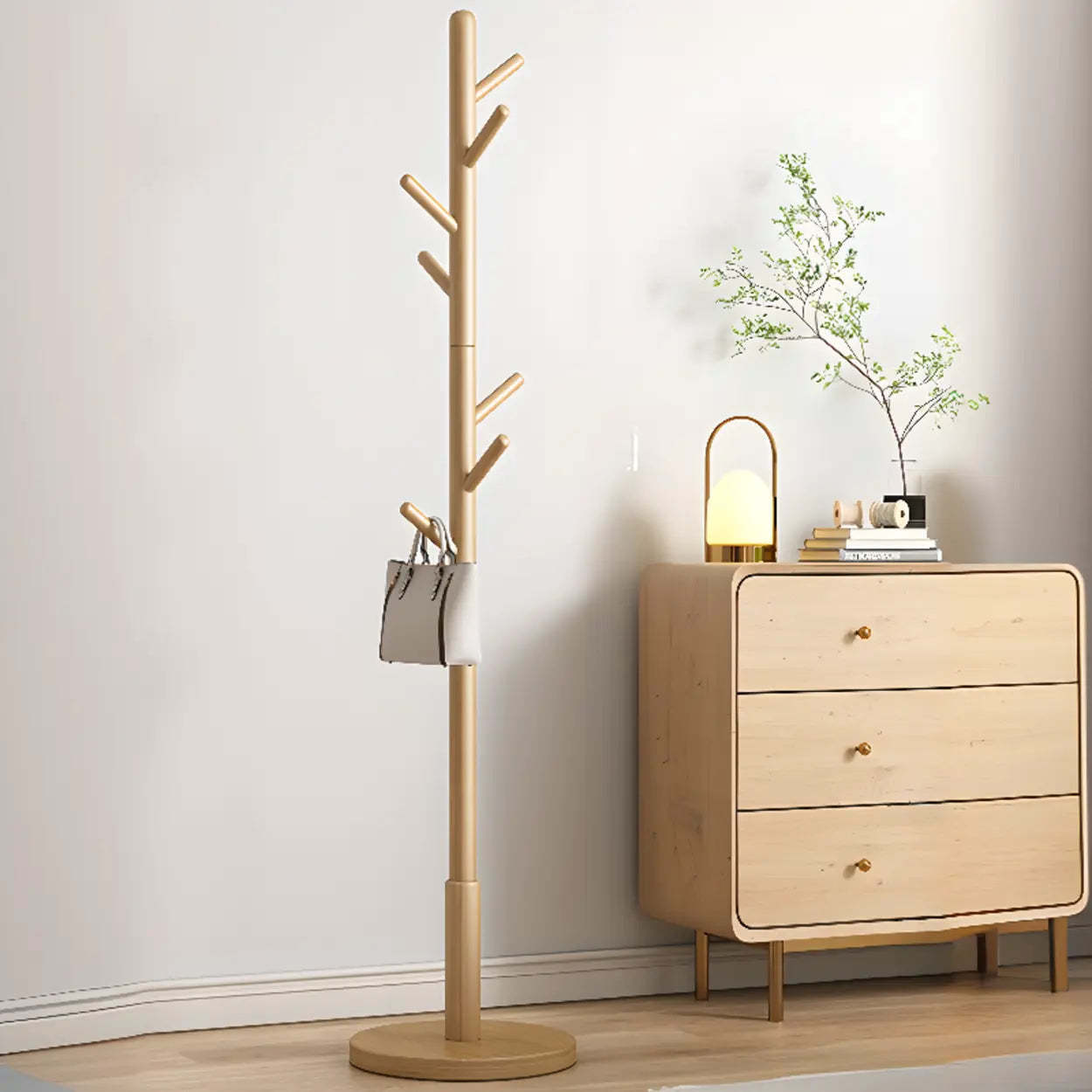 Tree Wood Hallway Brown Tall Coat Rack — Natural / Cylindrical Hook