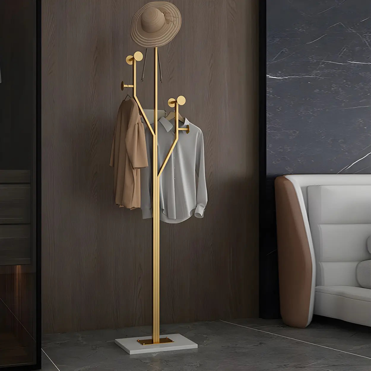 Tree-Shape Tall Freestanding Coat Rack — Gold-Black